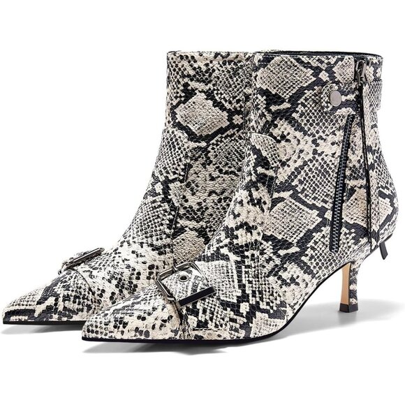 ⚡Women's Snake Skin Kitten Heel Ankle Boot Pointed Toe Buckle Side Zipper Tassel - Picture 1 of 5